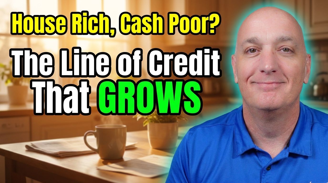 Senior homeowner reviewing a reverse mortgage line of credit proposal at a kitchen table