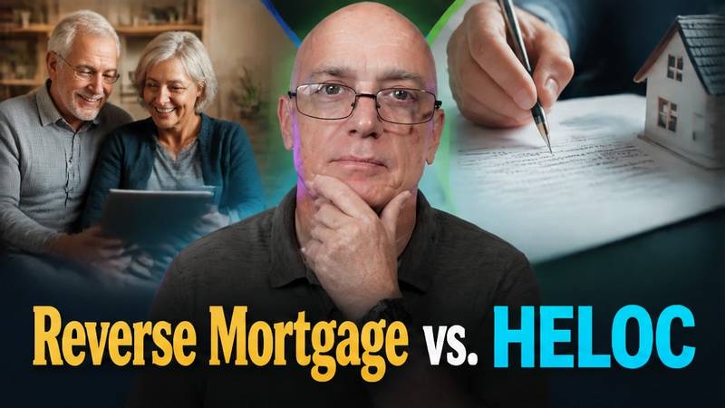 Older homeowner reviewing reverse mortgage and HELOC options at a kitchen table with family
