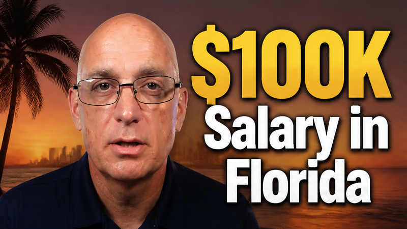 Florida house with a calculator and mortgage documents showing affordability on a $100K salary